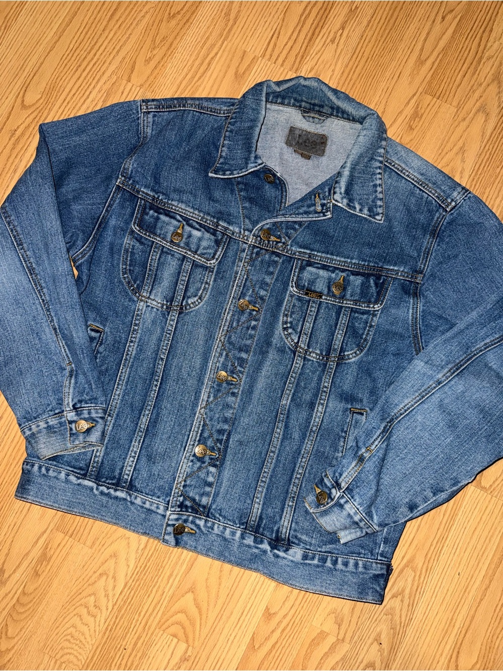 Vintage Lee Denim Jacket Leather Patch Blue Trucker USA Medium Fits Large 90s